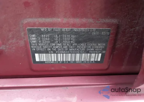 2013 Subaru Legacy 2.5I z USA, uszkodzony, nr VIN 4S3BMBA67D3036137